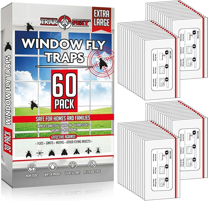 Window Fly Traps Indoor Clear (60 Pack) - Fly Window Traps for Indoors Sticky, Indoor Fly Trap Non-Toxic Fly Strips for Windows - Fly Sticky Traps Indoor Fly Paper Indoor Bug Sticky Traps (8.25" x 5")