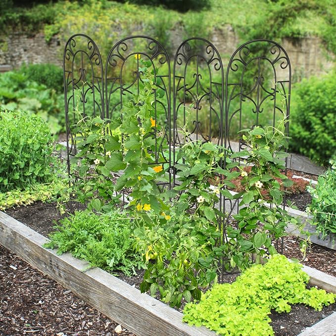 4 Pack Metal Garden Trellis for Climbing Plants, Black Metal Garden Trellis for Vines Plant Rose Vegetable Support,Large Decorative Outdoor Trellis