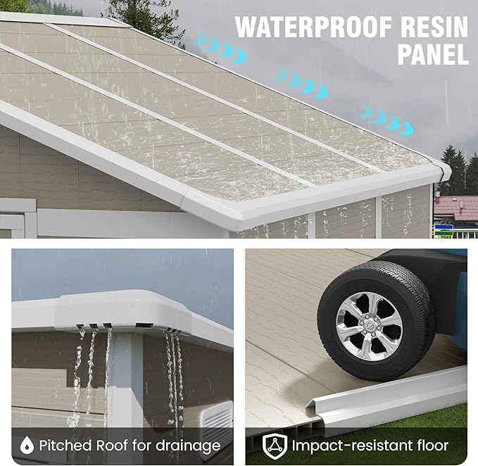 Outdoor Storage Shed, 8x6 FT Resin Shed with Floor Included and Lockable Door, Window & Vents, Tool Sheds, Outdoor Storage for Bike, Garden Accessories, Tools, Waterproof (Light Brown)