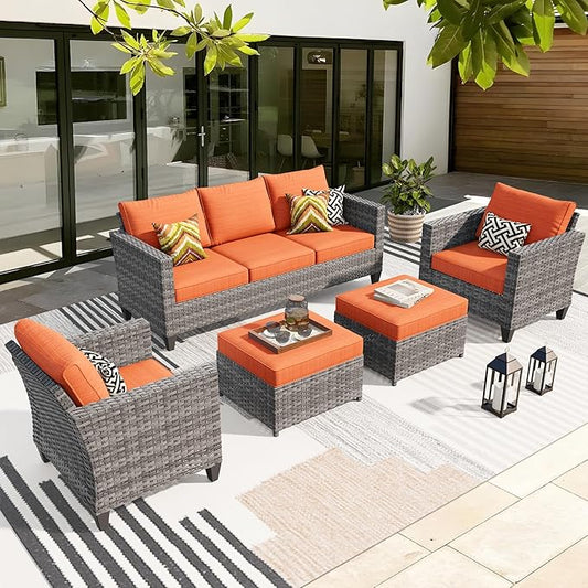 ovios Patio Furniture Set, 5 Pieces Outdoor Wicker Sofa Couch with Chairs, Ottomans and Comfy Cushions, All Weather High Back Rattan Conversation Set, Orange Red