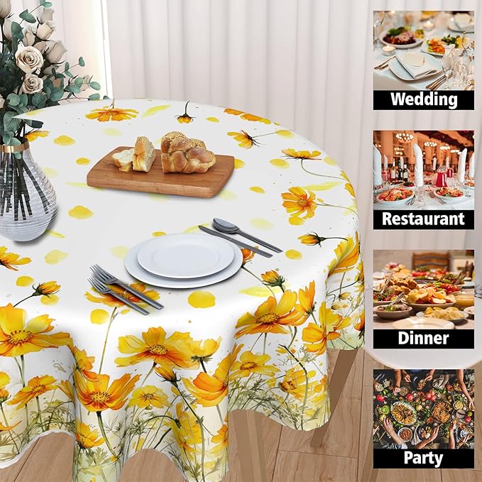 Giwawa Yellow Poppy Flowers Tablecloths for Round Table 60inch,Summer Floral Botanical Polyster Fabric Stain Resistant Table Cloth for Dining Room Kitchen Farmhouse Holiday Party Dinner
