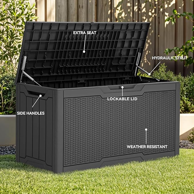 YITAHOME 80 Gallon Outdoor Storage Box, Large Water Resistant Resin Deck Box, Indoor Outdoor Lockable Rattan Storage Container for Patio, Garden, Cushions, Tools, Equipment (Dark Gray)