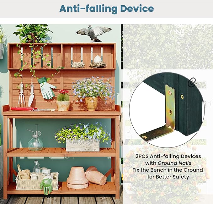 Harper & Bright Designs 65" Large Wooden Farmhouse Rustic Outdoor Potting Bench Table with 4 Storage Shelves and Side Hook, Patio Workstation, for Garden, Backyard, Natural