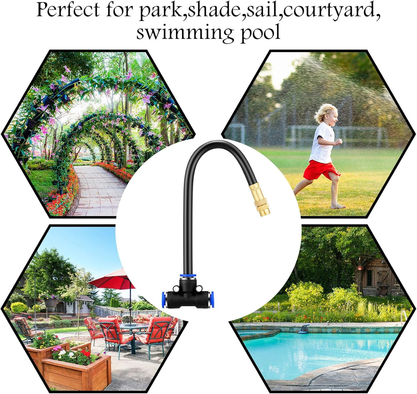 Zonon Brass Misting Nozzles Tee with Built in Hose 360 Degree Rotation Adjustable Water Mister Nozzles Thread Sprayer 0.043" Misting Parts and Accessories for Patio Outdoor Cooling(15 Pcs,8 Inch)