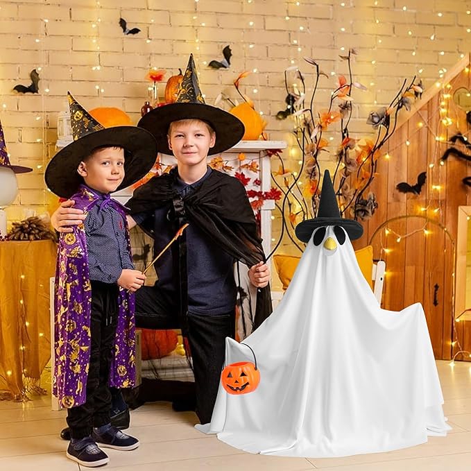 Watayo 2 Pcs/Set Halloween Ghost Porch Goose Outfits, Lawn Goose Statue Ghost Costume, Garden Goose Ghosts Clothes with Pumpkin Bucket for 23" Statue Halloween Fall Outdoor Patio Yard Decoration