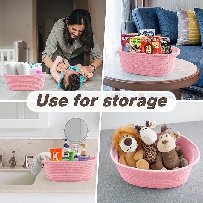 Pro Goleem Small Woven Basket with Gift Bags and Ribbons Durable Baskets for Gifts Empty Small Rope Basket for Storage 12"X 8" X 5" Baby Toy Basket with Handles, Pink