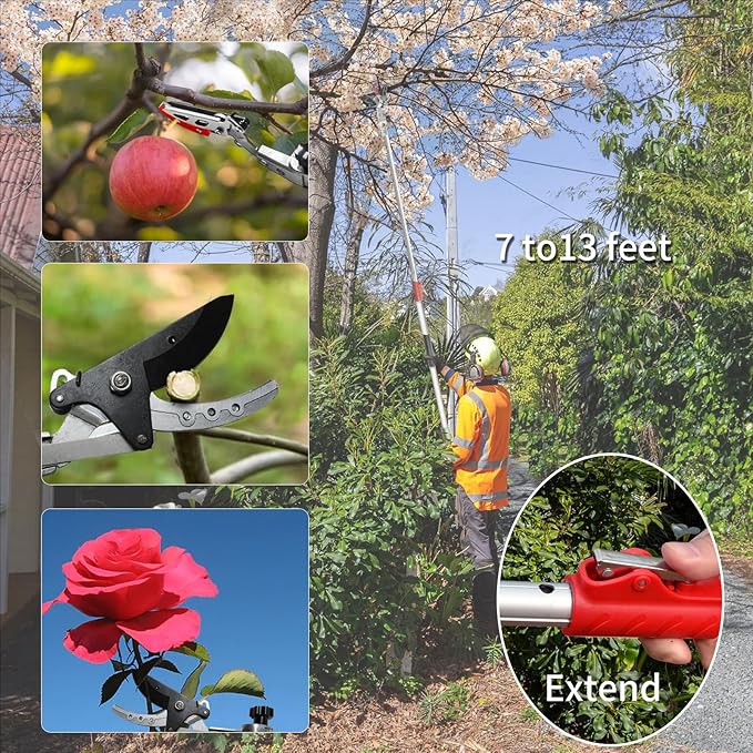 GARTOL Pruner for Garden, Cut Upto 1 Inch & Hold Telescopic Pole Pruner, Fruit Picker with Rotating Blade Head, Lightweight Aluminum Extendable Handle for Tree Branch Cutter, 7.87-13.78 FT, Silver