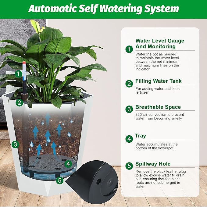 16 Inch Tall Outdoor Planters Set of 2, Self Watering Pots for Indoor Plants with Water Level Monitor & Drainage Hole & Wheels, Large Planter Pots for Garden, Patio, Balcony, White