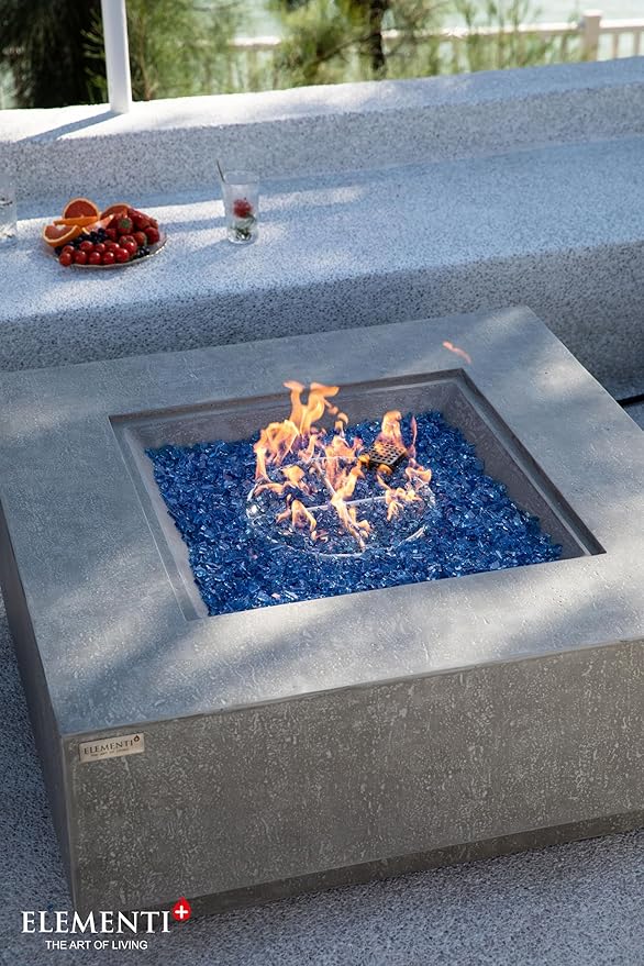 Elementi+ | Bundle Victoria Gas Fire Pit Cast Concrete 40" Square Fire Table, Outdoor Fire Pit Electronic Ignition | Canvas Cover, Fire Glass and Burner Lid Included | Light Gray | Propane Gas