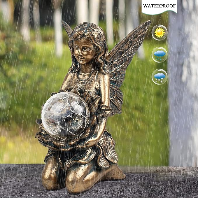 Garden Statues Outdoor Flower Fairy Decor,Solar Powered Outdoor Resin Statues-Patio Lawn Yard Porch, Funny Fairies Ornaments Figurines for Outside Garden Gifts,8.31 Inches Tall