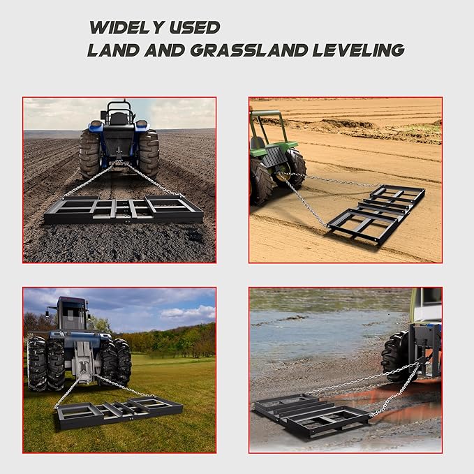 4FT Harrow Rake Driveway Grader,50 LB Heavy Duty Tow Behind Lawn Rake for Lawn Land Leveling Gravel Driveway Drag Harrow,Mower, Tractor, Black