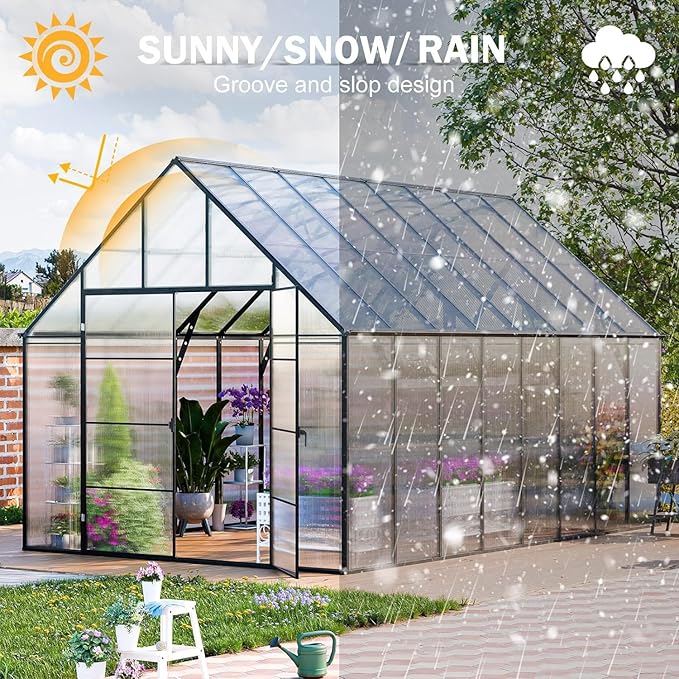 Greenhouse, 10x16 FT Easy Assembly Hybrid Polycarbonate Greenhouses for Outdoors w/3 Vent Windows & Swing Door Walk-in Green Houses Aluminum GreenHouses for Garden, Black