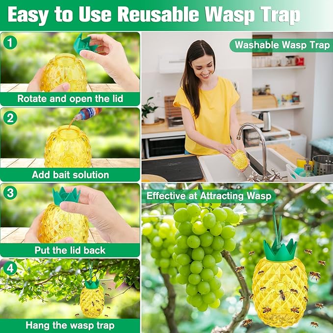 Wasp Traps, Honey Bee Trap for Outdoor Hanging, Sticky Yellow Jacket Insect Catcher, Reusable Insect Trap for Bees and Hornets, 2 Packs