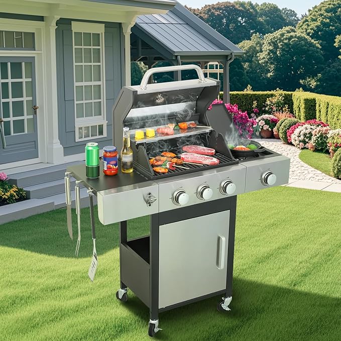 3-Burner Propane Gas Grill with Side Burner, 25,650 BTU Outdoor BBQ Grill with Stainless Steel Warming Rack, Enameled Cooking Grids, Built-in Thermometer & Foldable Side Tables with 6" Wheels
