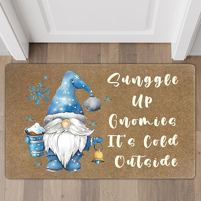 Blue Winter Gnome Faux Coir Door Mats Outdoor, Christmas Gnome Door Mat for Home Outside Entryway, Holiday Winter Christmas Welcome Doormat for Indoor Outdoor Porch Entrance, 17x30 Inch