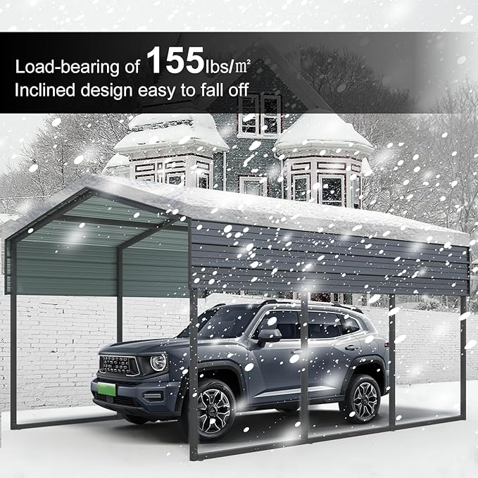 KEIKI 10x15 FT Steel Metal Outdoor Carport with Peaked Roof,Heavy Duty Vehicle Shed Canopy for Car,Truck and Boats