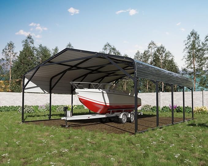 20x20 FT Heavy Duty Carport Garage with Structural Reinforcement | 2-Car Metal Shelter | Galvanized Steel Roof| Ground Anchors | Snow/Wind Resistant | Fits Trucks, RVs, Pickups, Boats, Tractors, SUVs