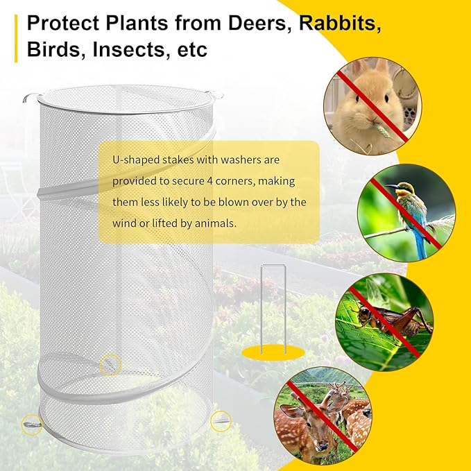 4 Pcs Pop-Up Insect Barrier Plant Cover Net - 19.6" x 11.8" Round Foldable Mesh Plants Enclosures, Garden Plant Protectors with Stakes & Carry Bag