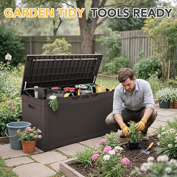 Greesum 100 Gallon Resin Deck Box Lockable Large Outdoor Storage Boxes for Garden Tools, Patio Furniture Cushions, Pool Supplies, Dark Brown