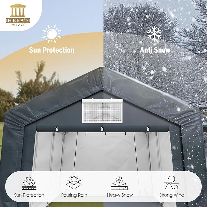 HERA'S PALACE 10x15ft Outdoor All-Season Portable Storage Shelter Shed Car Canopy Carport with 2 Roll up Zipper Doors Garage Kit Tent for Motorcycle Garden Tools