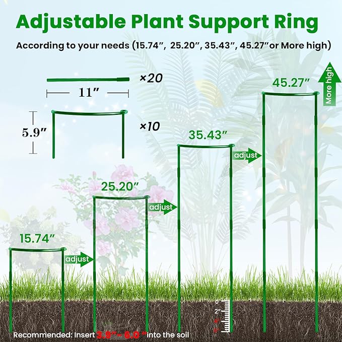 10-Pack Adjustable Height Snake Plant Support Stakes- Sturdy, Rust-Resistant Plant Supports for Indoor and Outdoor Potted Plants (16x10Inch) - Flower and Garden Peony Support