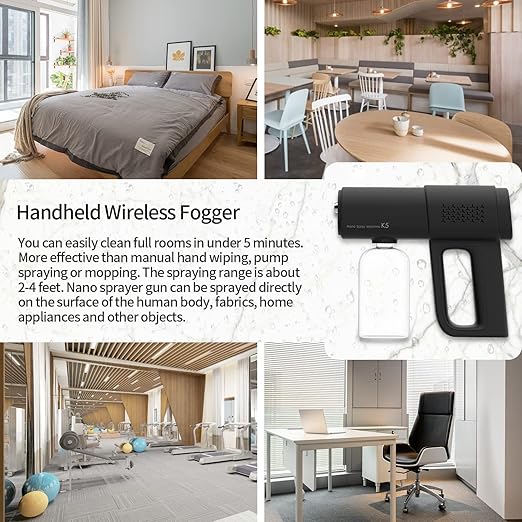 Professional Disinfectant Fogger Machine, 380ml Wireless Fine Particle Sprayer Gun Handheld Sanitizer Fogger, Blue Light Foggers for Touchless Sanitization (Black)