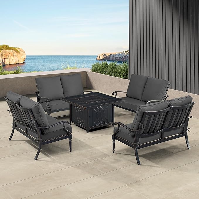 Oakland Living Black Aluminum Patio Fire Table Set with Four Deep Seating Loveseat with Cushions with Black Cushions