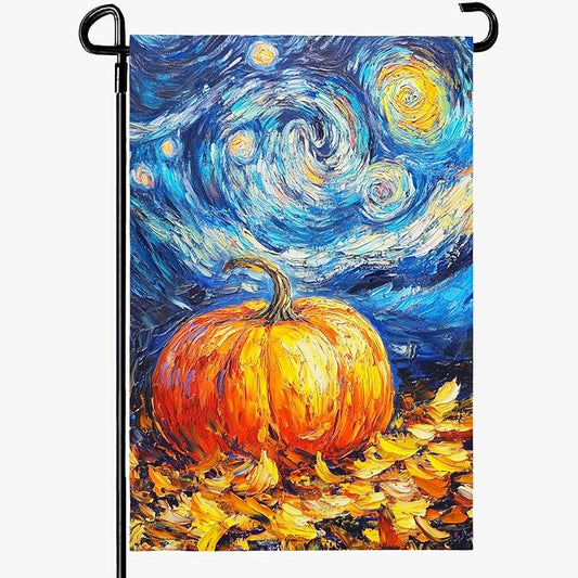 Fall Pumpkin Garden Flag Autumn Golden Leaf Yard Flags Van Gogh Oil Painting House Banner Art Starry Night Sky Moon Thanksgiving Harvest Garden Flags for Outside Porch Lawn Decor 12 x 18 Inch