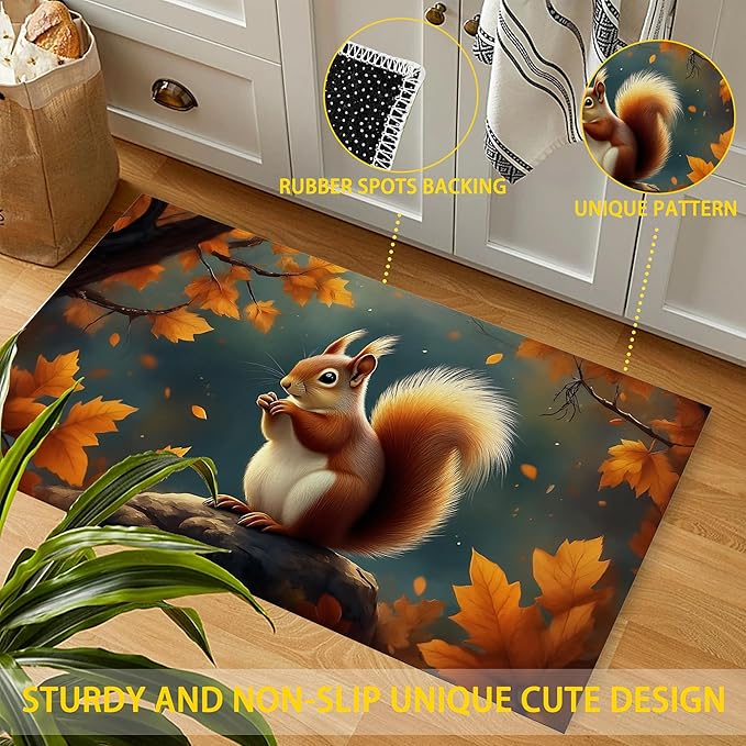 Door Mat,Cute Squirrel Welcome Mat Indoor,Fall Maple Leaf Non-Slip Outdoor Entry Mat for Home Entryway, Low Profile Floor Rugs for Entry Patio, Porch, Hallways 30 x 17 Inch