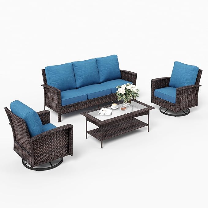 Patio Furniture Set with Swivel Chairs, High Back Wicker Rattan Furniture with 5.5" Thick Cushions and Coffee Table, Outdoor Conversation Set for Backyard Deck,5 Seats, Blue