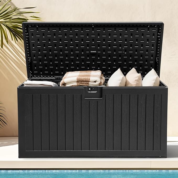 DWVO 150 Gallon Resin Outdoor Storage Box, XXL Double-Wall Waterproof Deck Box, Doubles as Table or Seating with 1000 lbs Capacity, Lockable (Black)