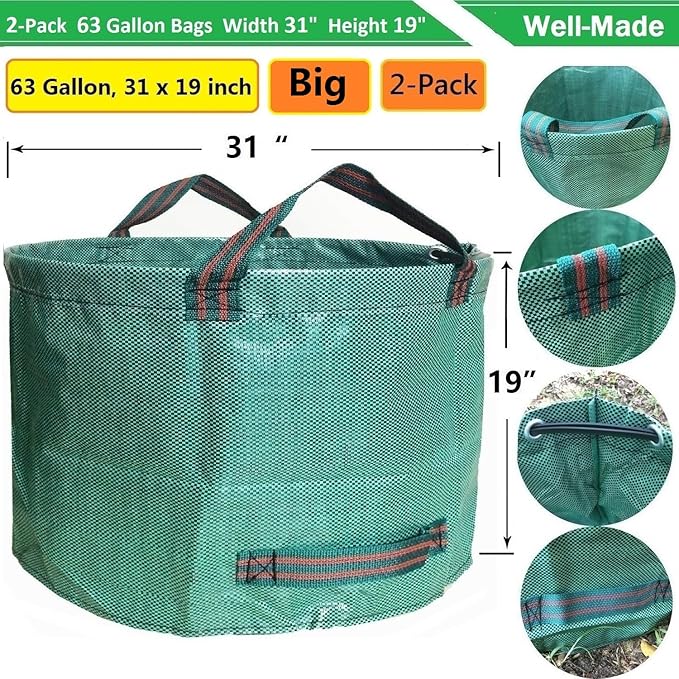Professional 2-Pack 63 Gallons Lawn Garden Bags Yard Waste Bag (D31, H19 inches) with Gardening Gloves,Standable,Reusable Leaf Grass Bag,Garden Trash Containers,Lawn Yard Waste Bags with 4 Handles