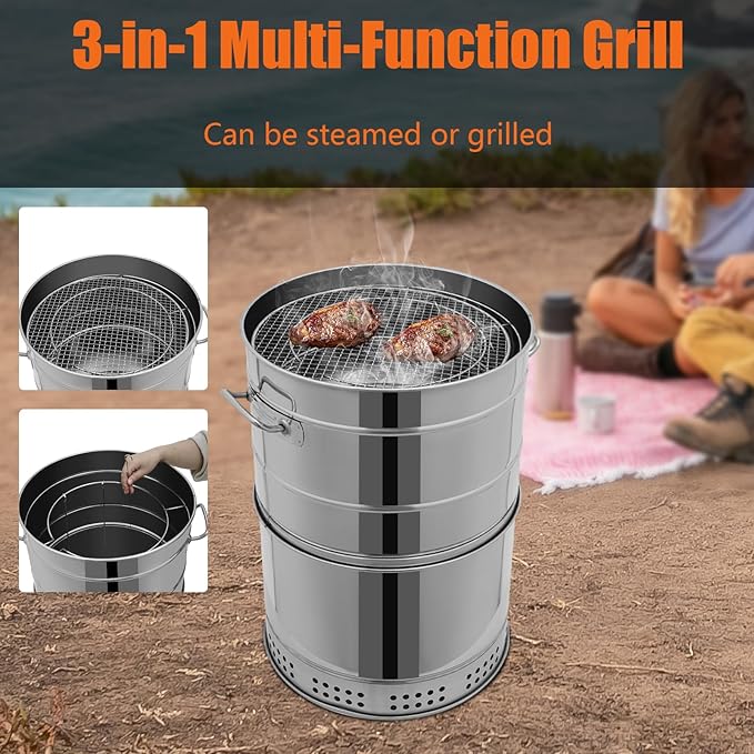 Large Portable Charcoal Grills, Stainless Charcoal BBQ Grill Barrel 360° Smokeless Outdoor with 50 Skewers, Boiling Pot Barbecue Smoker Grill for Travel, Outdoor Cooking and BBQ