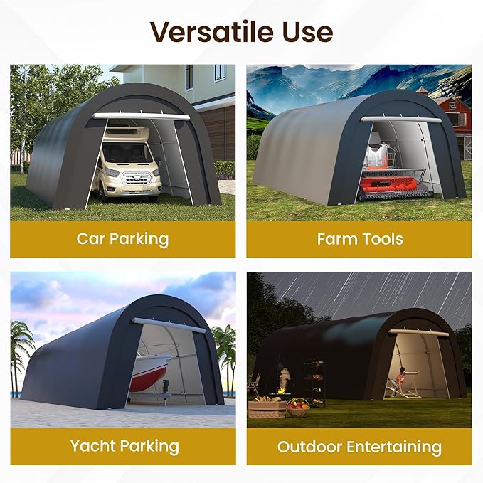 Carport, 12'x25' Outdoor Round Portable Garage with 2 Roll up Doors, Heavy Duty Storage Shelter Car Canopy Party Tent, Dark Gray