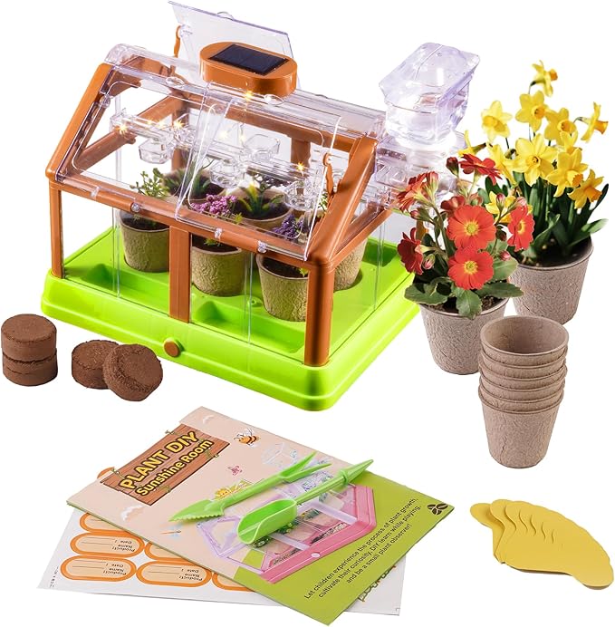 Subtoy Kids Plant Growing Kit, Gardening Kit with Greenhouse, Indoor Gardening Set with Grow Solar Lights, Flower Grow Room with Science Irrigation kit, Plant Growing Kit for Childrens