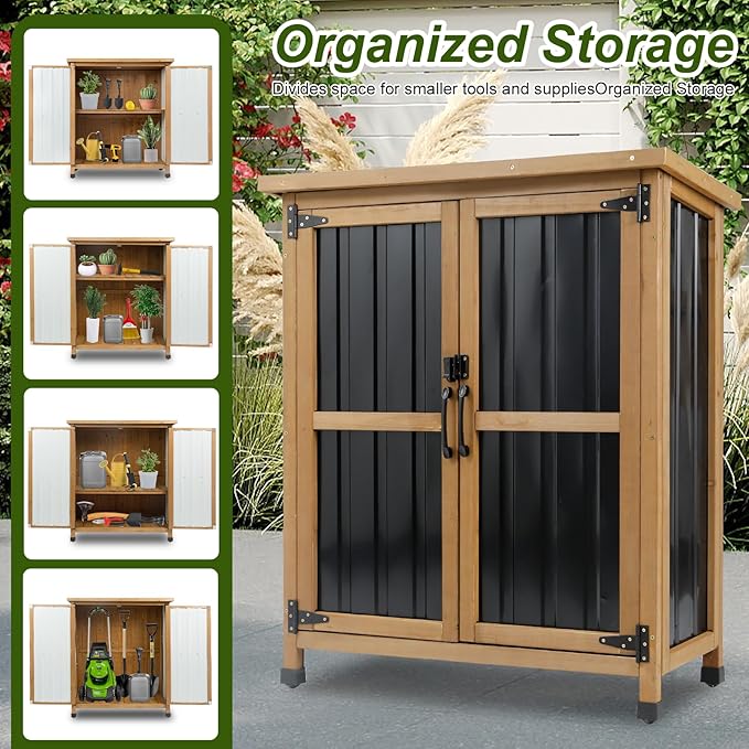 Outdoor Storage Cabinet, Wood & Metal Small Storage Shed with Weather-Resistant Asphalt Roof, Double Lockable Doors & Removable Shelves for Porch, Patio, Garden, Backyard, 32" x 13" x 40"