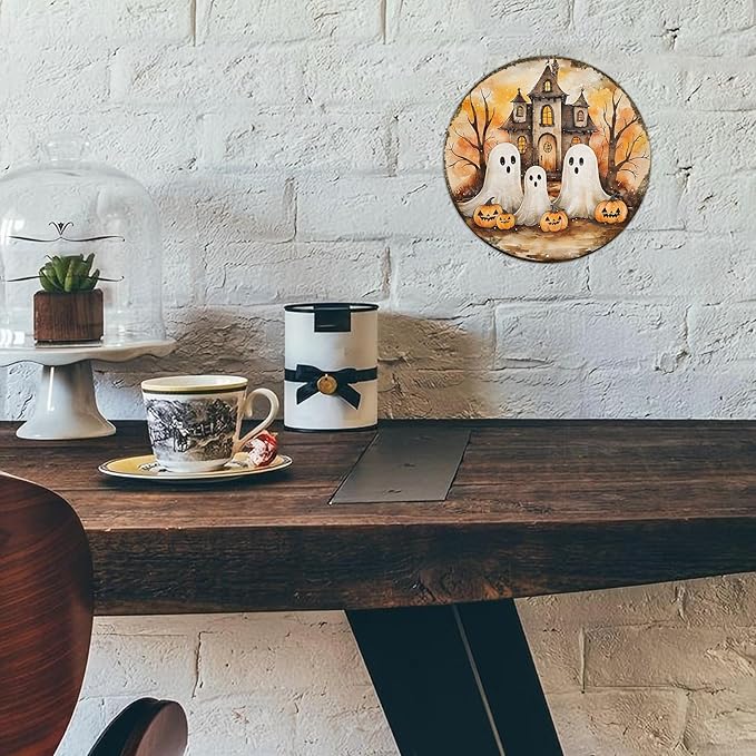 PEACHGARDEN Round Cute Ghost Halloween Vintage Sign Halloween Pumpkin Metal Tin Sign for Home Bar Kitchen Hotel Dining Room Coffee 8x8inch