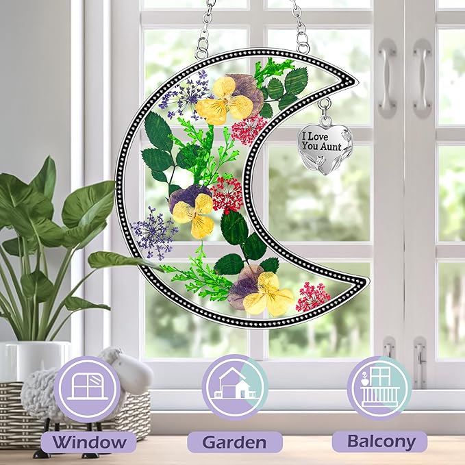 KY&BOSAM Moon Suncatcher I Love You Aunt Stained Glass for Window Hangings Wind Chimes Decor with Pressed Real Flower and Metal Charm Birthday Gift for Women Aunt Mother`s Day Christmas