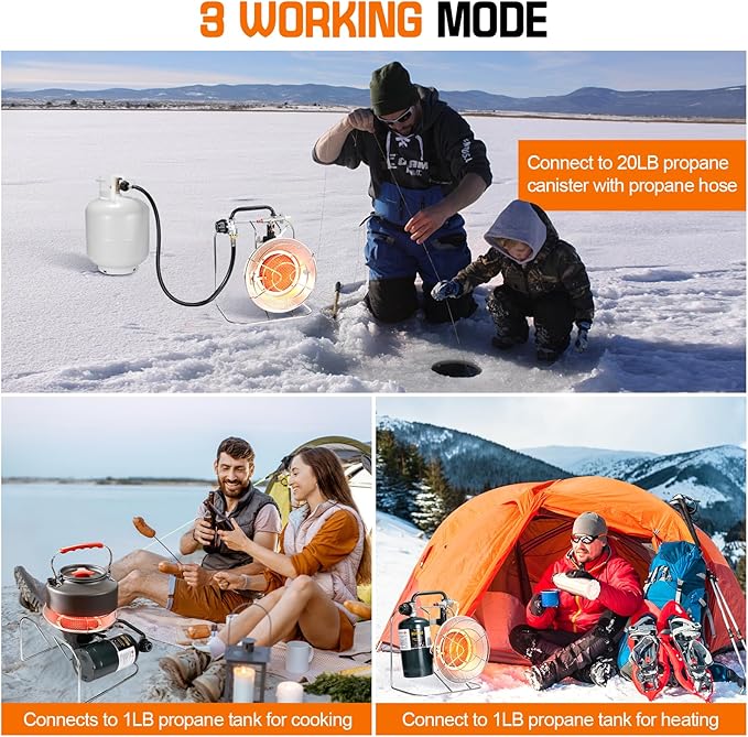 Outdoor Multi-Use Portable Propane Patio Heater/Cooker, 18,000 BTU include 8.8 FT Hose and USB Lighter, Gas Camping Heater for Tent Hunting, Fishing,RV (Fuel not included)