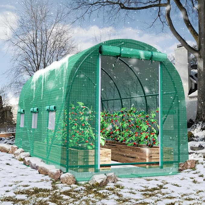 Grezone Walk-in Greenhouse Upgraded Green House with Dual Zippered Screen Doors & 6 Screen Windows Heavy Duty Plastic Plant Warm House with Reinforced Frame (10x7x7 FT)