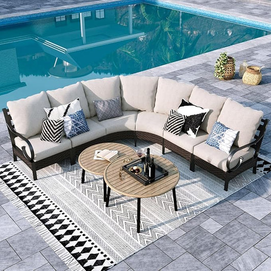 Sophia & William Half-Moon Patio Furniture Set, Curved Outdoor Sofa for 6 with Coffee Table, Rattan Sectional Sofa Outdoor Conversation Sets,Beige