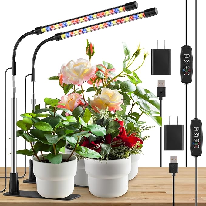 Grow Lights for Indoor Plants, Full Spectrum LED Plant Lights with Base, Adjustable Height 6.5"-26", 10 Dimmable Levels, Auto Timer 3/9/12H, Desk Grow Lamps for Indoor Growing (2 Pack)