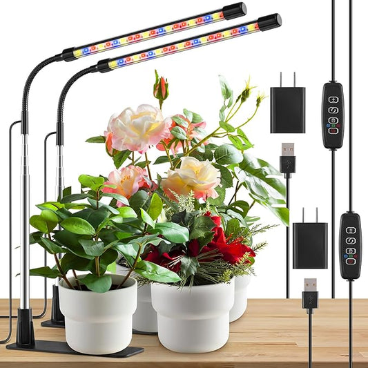 Grow Lights for Indoor Plants, Full Spectrum LED Plant Lights with Base, Adjustable Height 6.5"-26", 10 Dimmable Levels, Auto Timer 3/9/12H, Desk Grow Lamps for Indoor Growing (2 Pack)