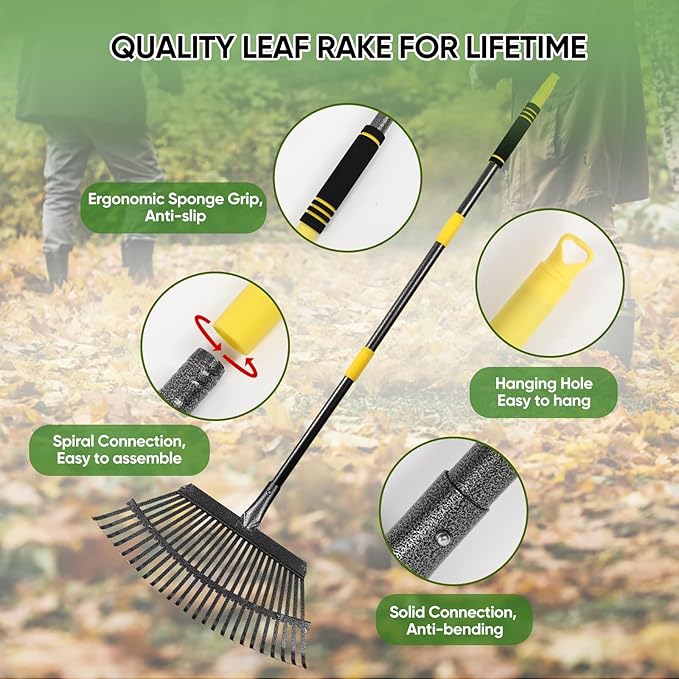 Garden Leaf Rakes, 6FT Rake for Lawns Heavy Duty 25 Metal Tines 18.5 inch Wide, Adjustable Steel Handle, Rakes for Leaves, Gathering Shrub, Grass, Flower Beds