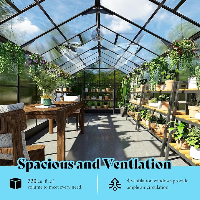 AMERLIFE 8x18x7FT Polycarbonate Greenhouse, Walk in Greenhouse with Quick-Connect System, Green House with 4 Windows and Swing Lockable Door, Greenhouses for Outdoors, Sunroom Black