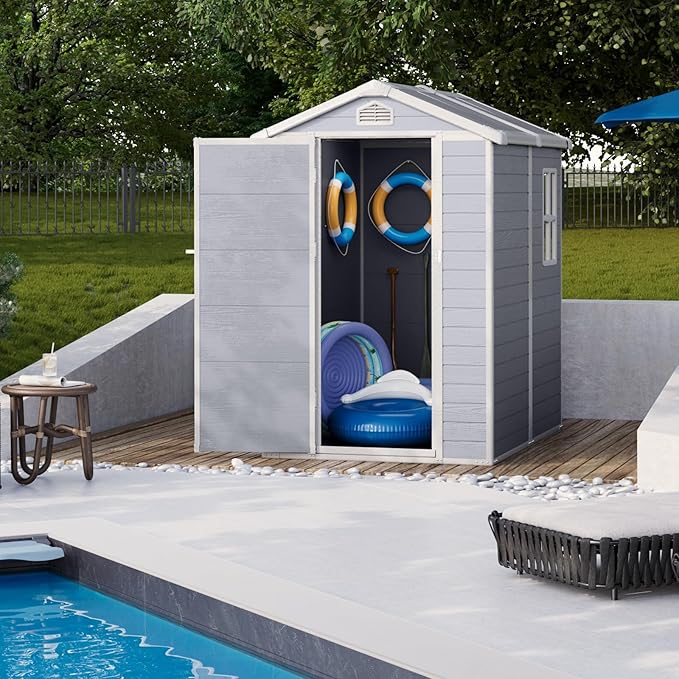 Storage Shed Plastic Outdoor Storage Shed Waterproof Container House with Lockable Door and Transparent Window for Garden, Lawn, Backyard, Patio (6x4FT)