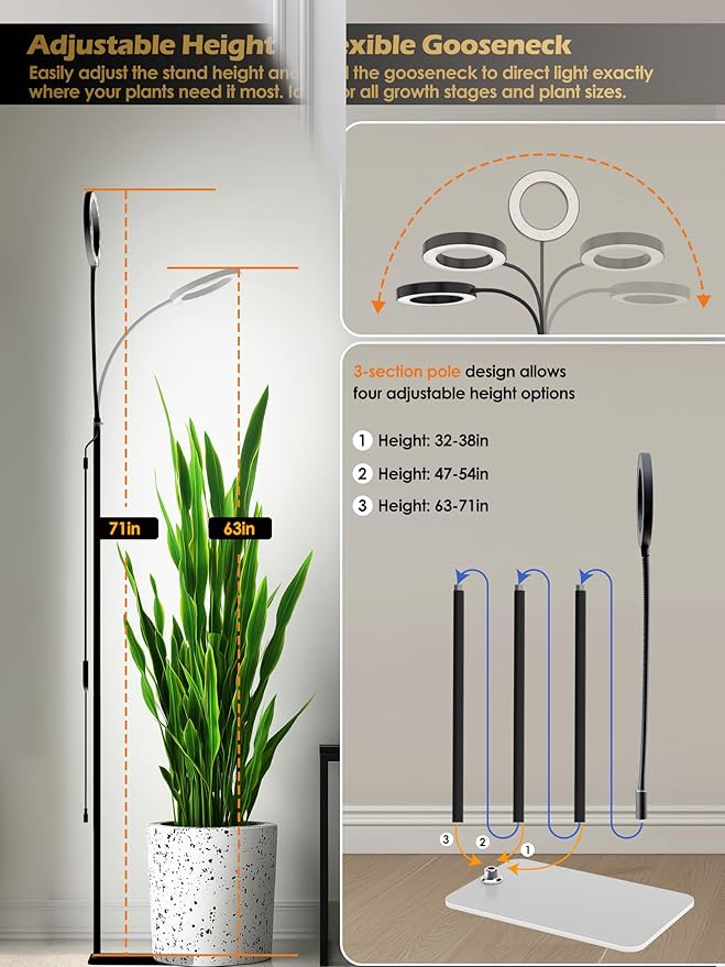 GLOWRIUM Smart Grow Lights for Indoor Plants with Auto Timer, Full Spectrum LED Floor Plant Light for 3 Spectrum Modes,6 Dimmable Levels,63inch Adjustable Height for Large Plants (Black, 20W)