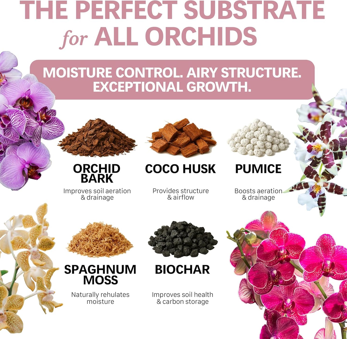 Orchid Soil - Premium Potting Mix for Phalaenopsis, Dendrobium & Cattleya | Fast-Draining, Moisture-Retentive, pH-Balanced for Healthy Root Growth | Organic & Peat-Free (2 QTS)