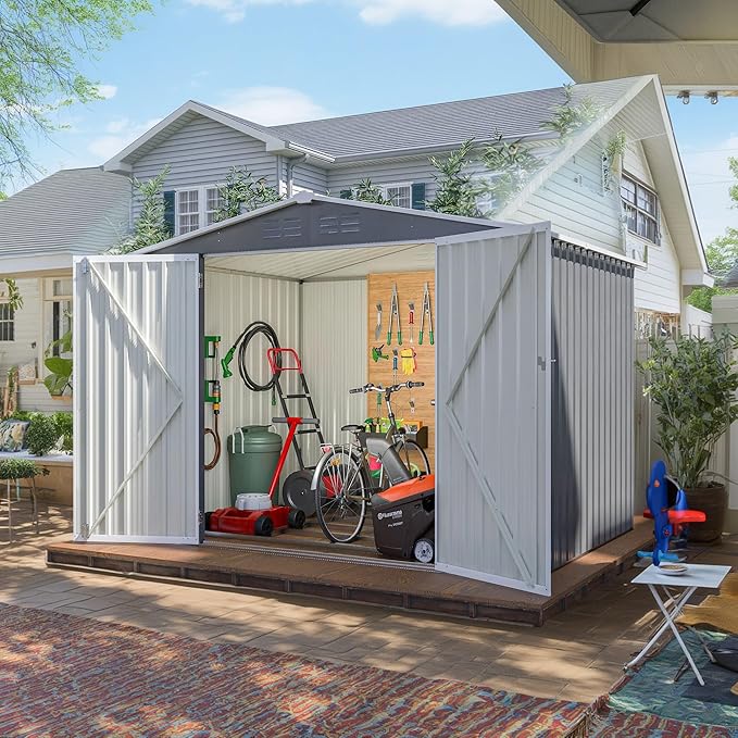 8x6 FT Outdoor Tool Storage Shed with Metal Foundation & Lockable Doors, All Weather Metal Sheds for Garden, Patio, Backyard, Lawn, Gray