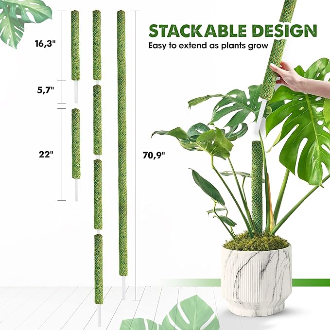 Duspro Green Stackable Mesh Moss Pole for Climbing Vines, Supporting Monstera Trellis, Extendable Plant Pole Moss Sticks, Potted Plant Stakes (4 Pack, 71'')